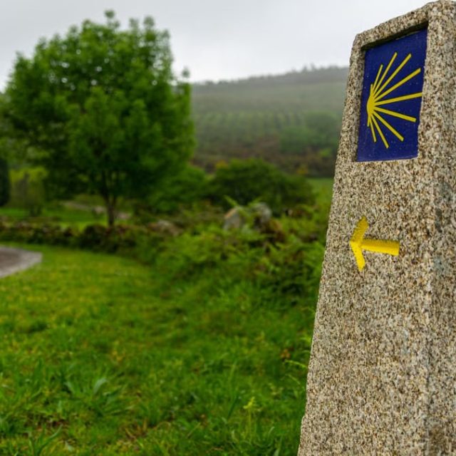 A tranquil scene of a waymark on the Camino de Santiago walking route.